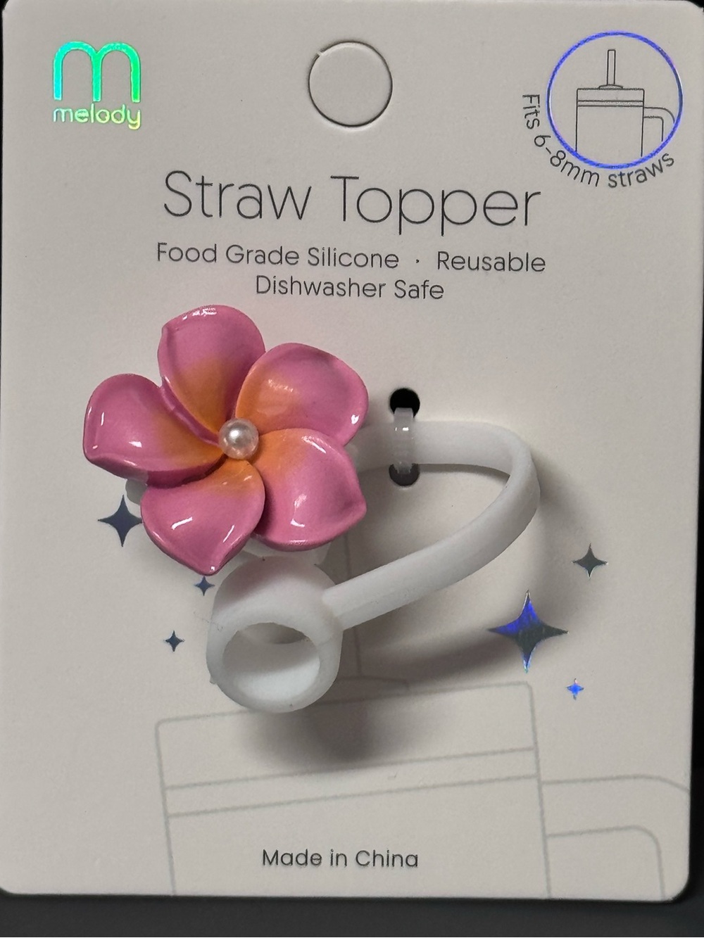 NWT Melody Plumeria Flower Silicone Straw Topper 6-8mm Pink
